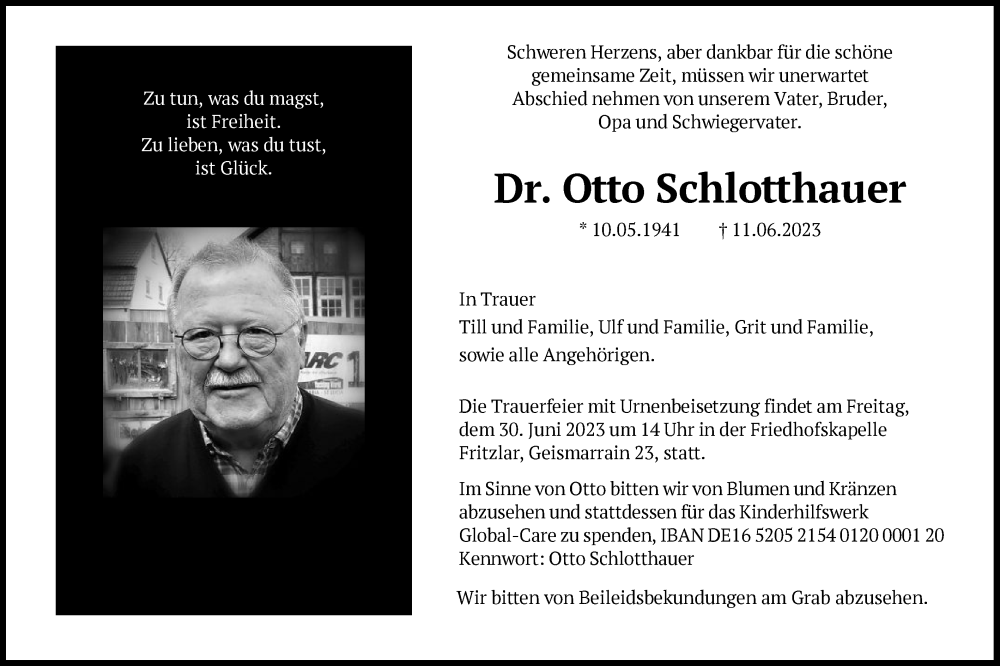  Traueranzeige für Otto Schlotthauer vom 24.06.2023 aus HNA