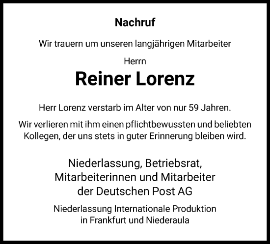 Traueranzeige von Reiner Lorenz von HNA