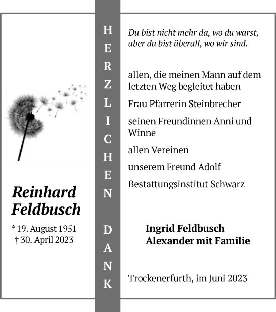 Traueranzeige von Reinhard Feldbusch von HNA