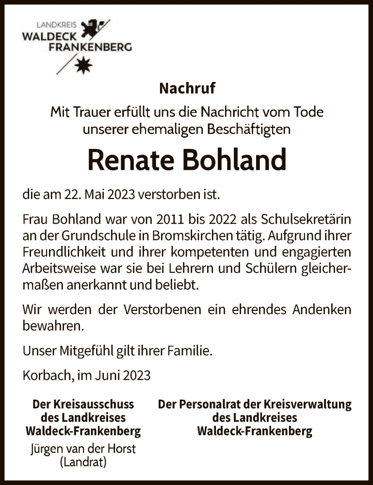  Traueranzeige für Renate Bohland vom 01.06.2023 aus HNA
