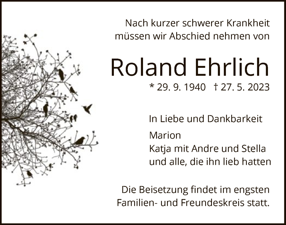  Traueranzeige für Roland Ehrlich vom 03.06.2023 aus HNA