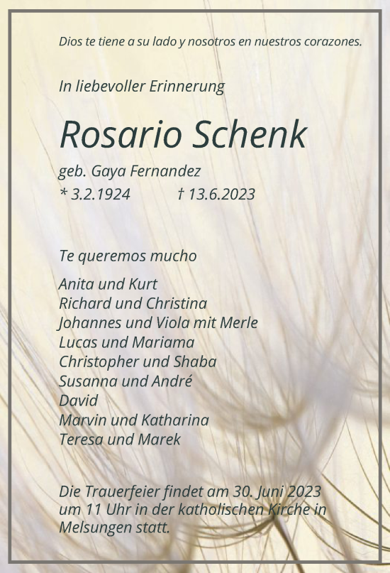 Traueranzeige von Rosario Schenk von HNA