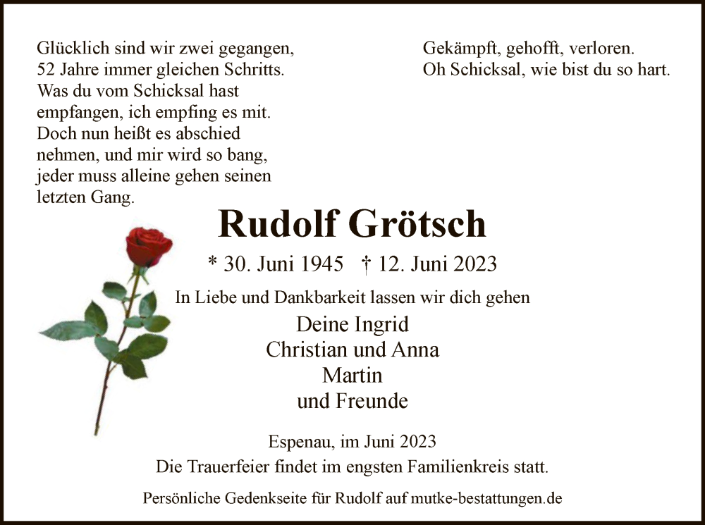  Traueranzeige für Rudolf Grötsch vom 17.06.2023 aus HNA