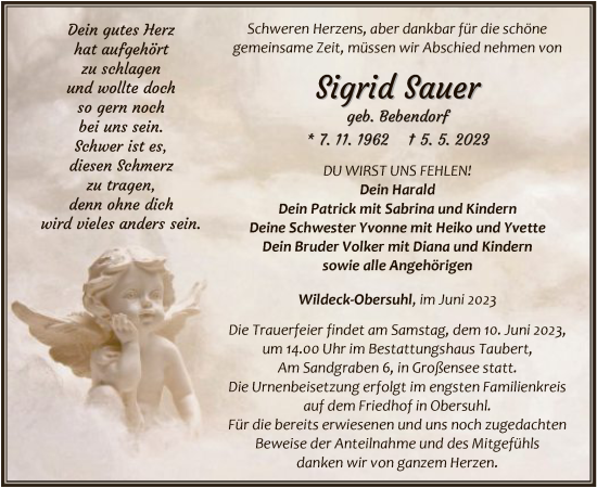 Traueranzeige von Sigrid Sauer von HNA