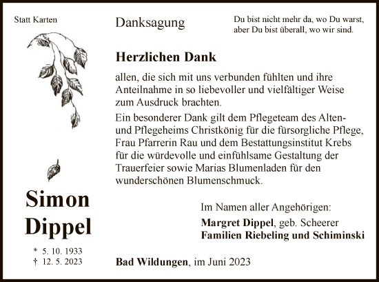 Traueranzeige von Simon Dippel von HNA