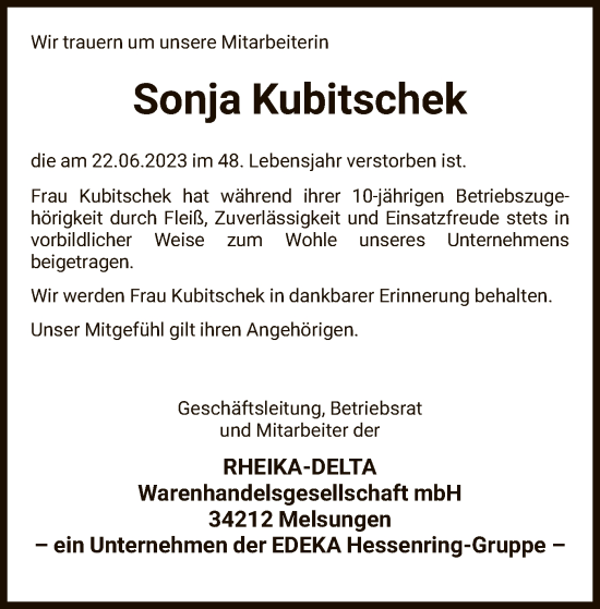 Traueranzeige von Sonja Kubitschek von HNA