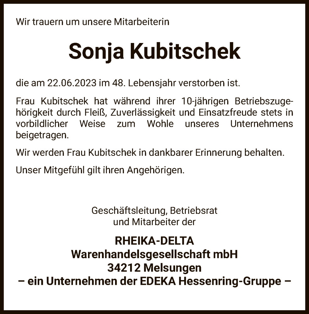  Traueranzeige für Sonja Kubitschek vom 28.06.2023 aus HNA