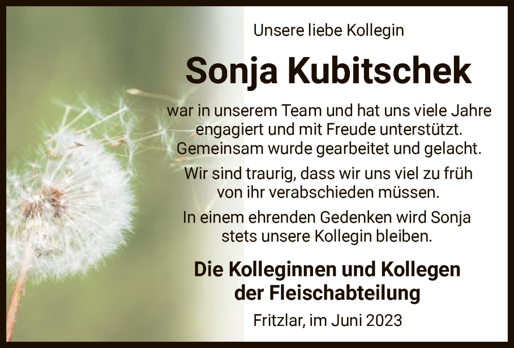  Traueranzeige für Sonja Kubitschek vom 30.06.2023 aus HNA