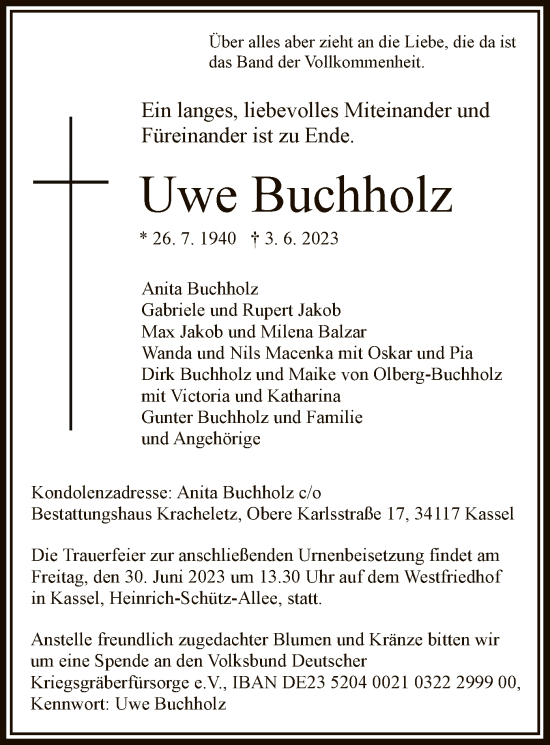 Traueranzeige von Uwe Buchholz von HNA