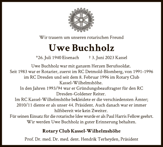 Traueranzeige von Uwe Buchholz von HNA