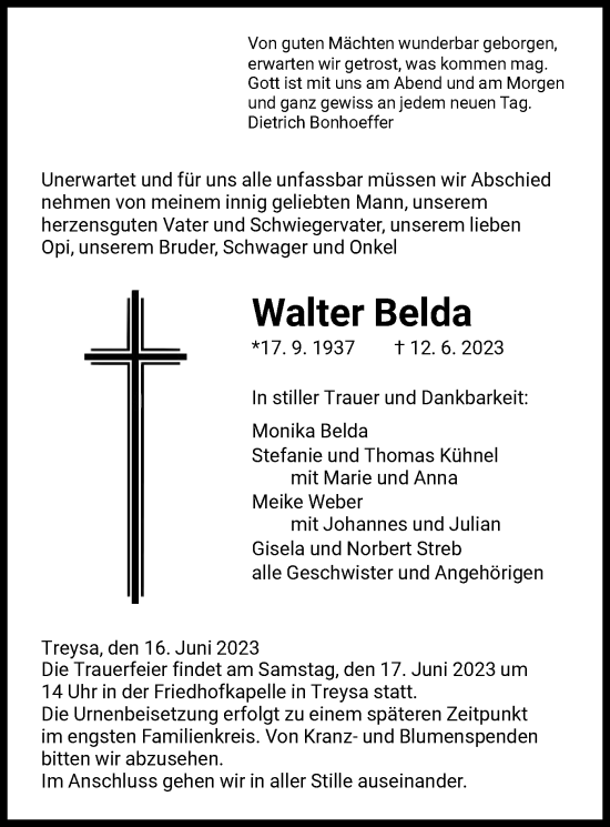 Traueranzeige von Walter Belda von HNA