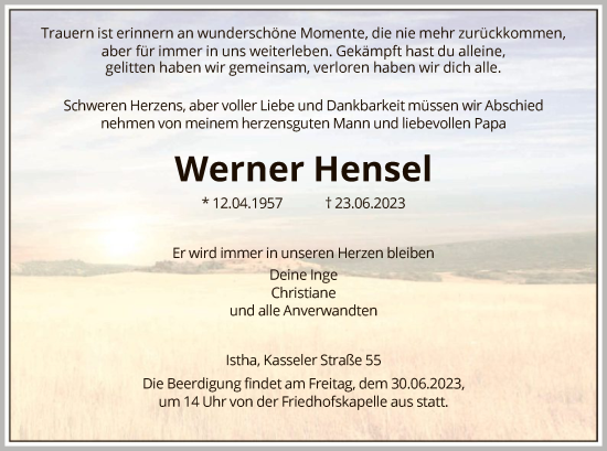 Traueranzeige von Werner Hensel von HNA