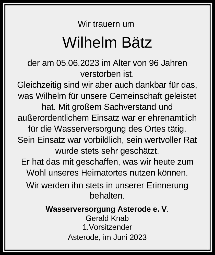  Traueranzeige für Wilhelm Bätz vom 17.06.2023 aus HNA