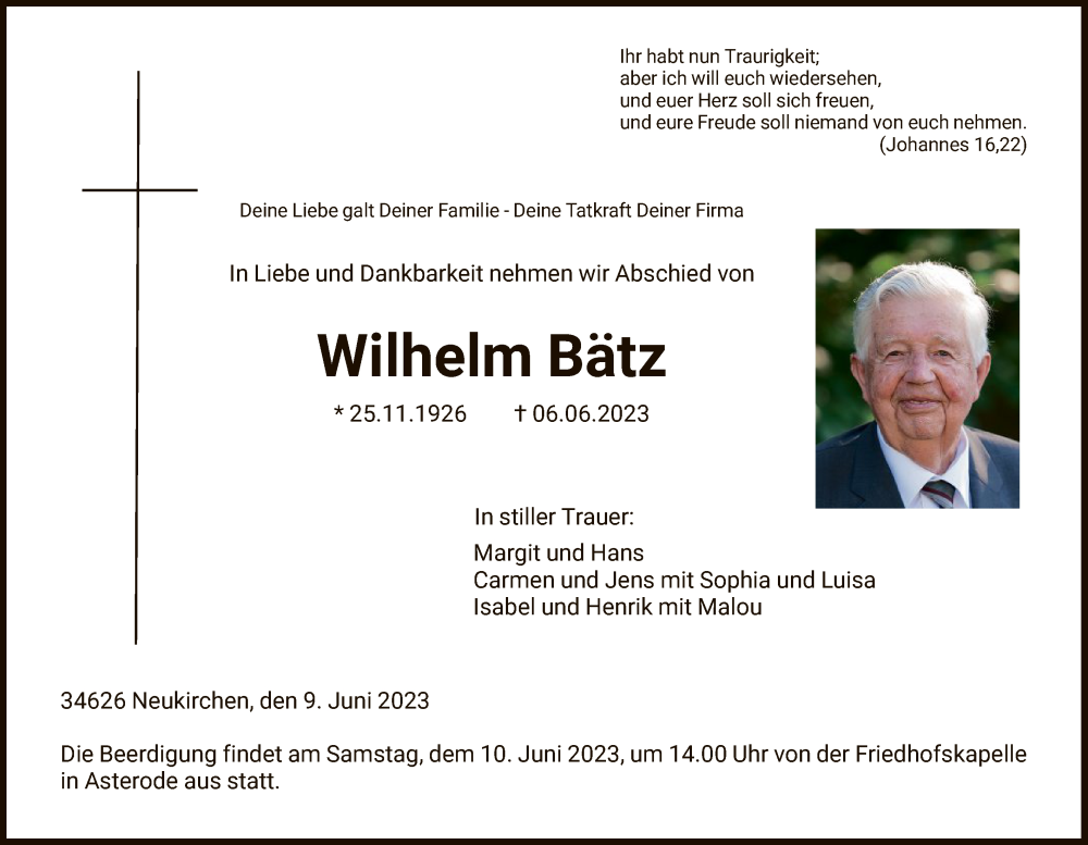  Traueranzeige für Wilhelm Bätz vom 09.06.2023 aus HNA