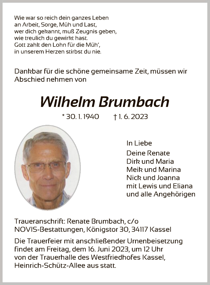  Traueranzeige für Wilhelm Brumbach vom 10.06.2023 aus HNA