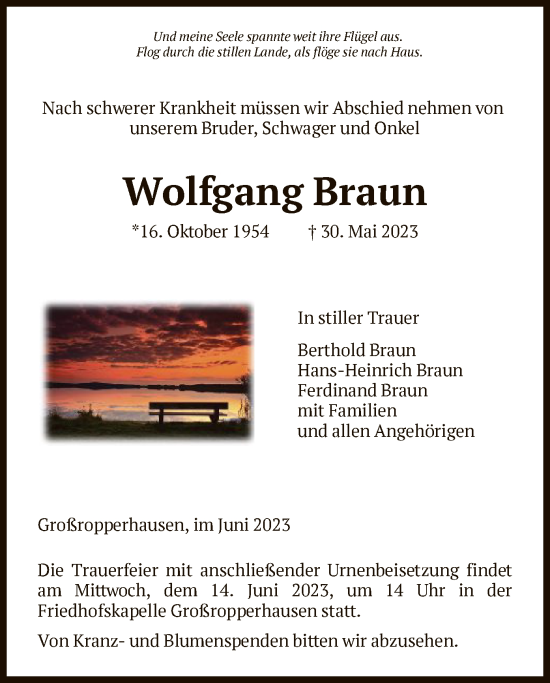 Traueranzeige von Wolfgang Braun von HNA