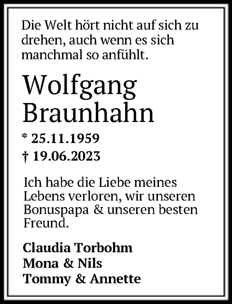  Traueranzeige für Wolfgang Braunhahn vom 24.06.2023 aus HNA