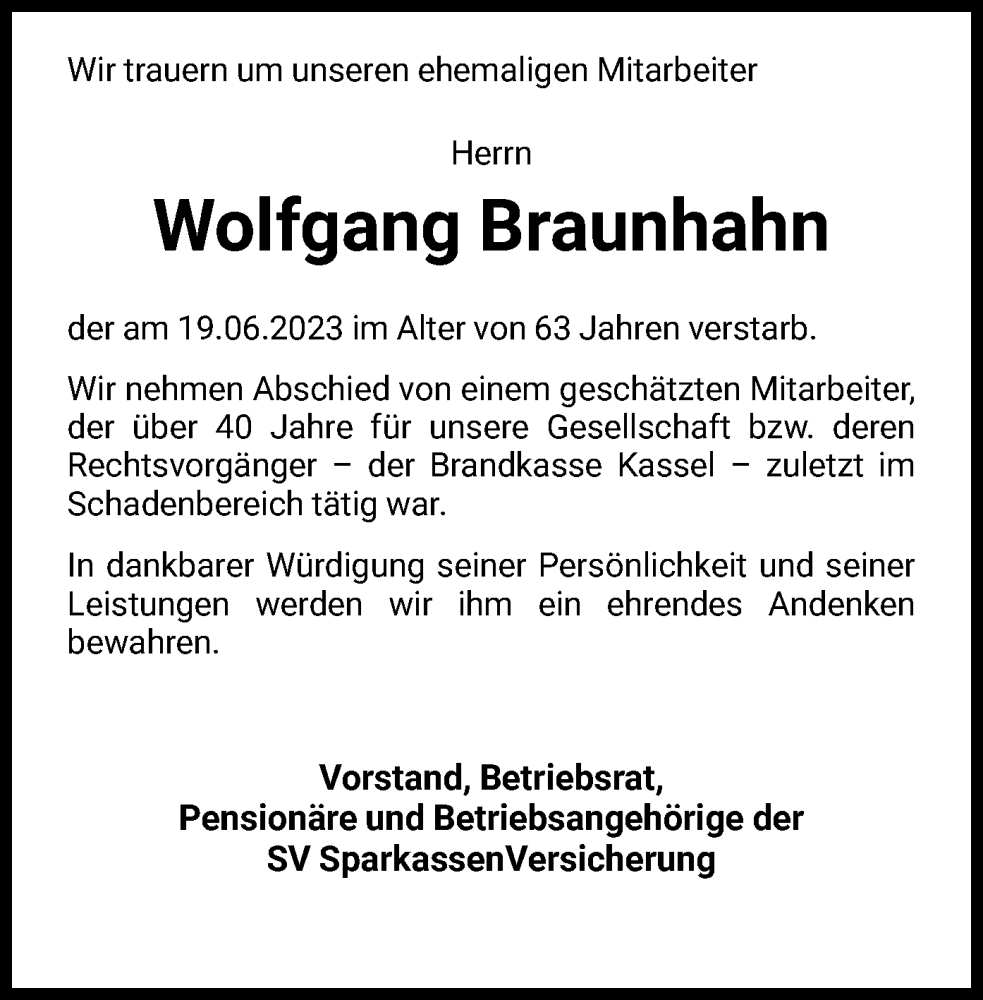  Traueranzeige für Wolfgang Braunhahn vom 24.06.2023 aus HNA