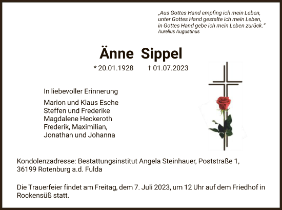 Traueranzeige von Änne Sippel von HNA