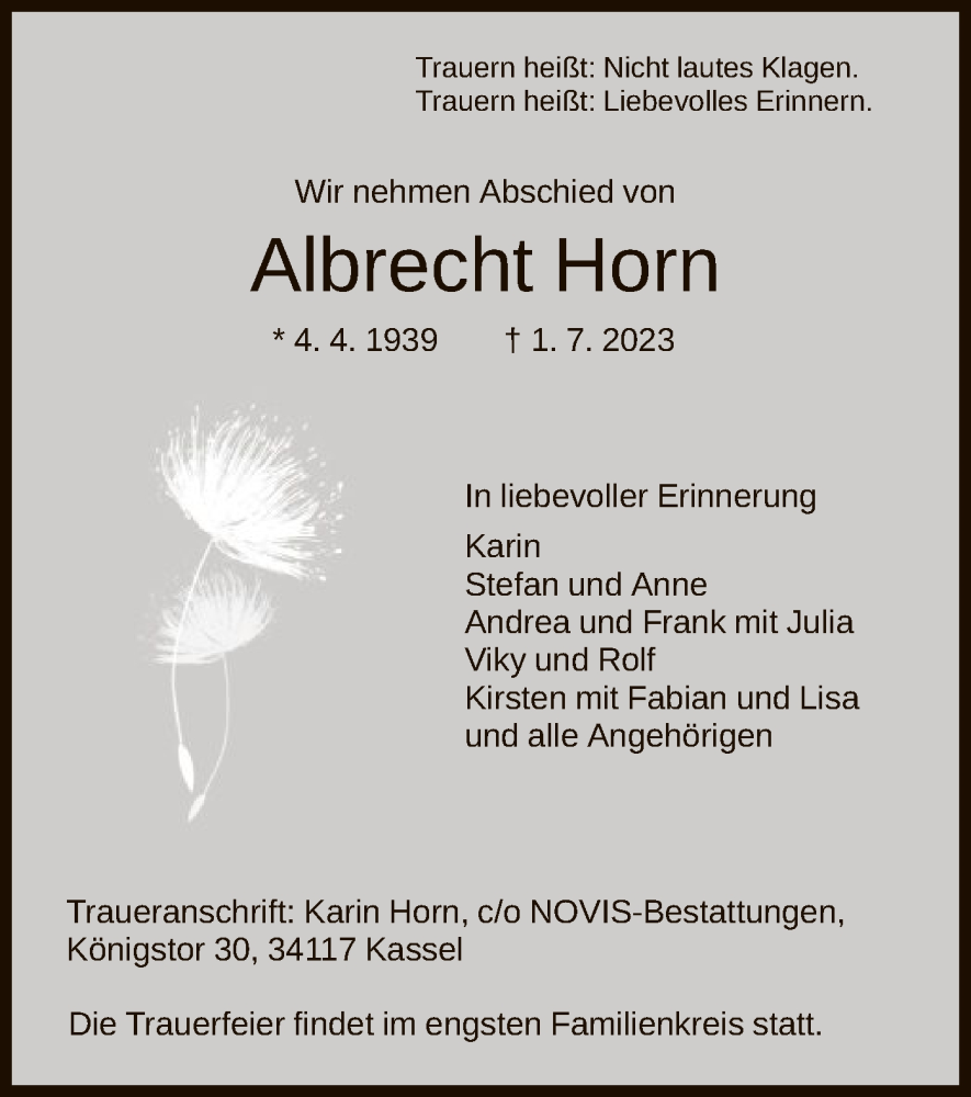  Traueranzeige für Albrecht Horn vom 08.07.2023 aus HNA