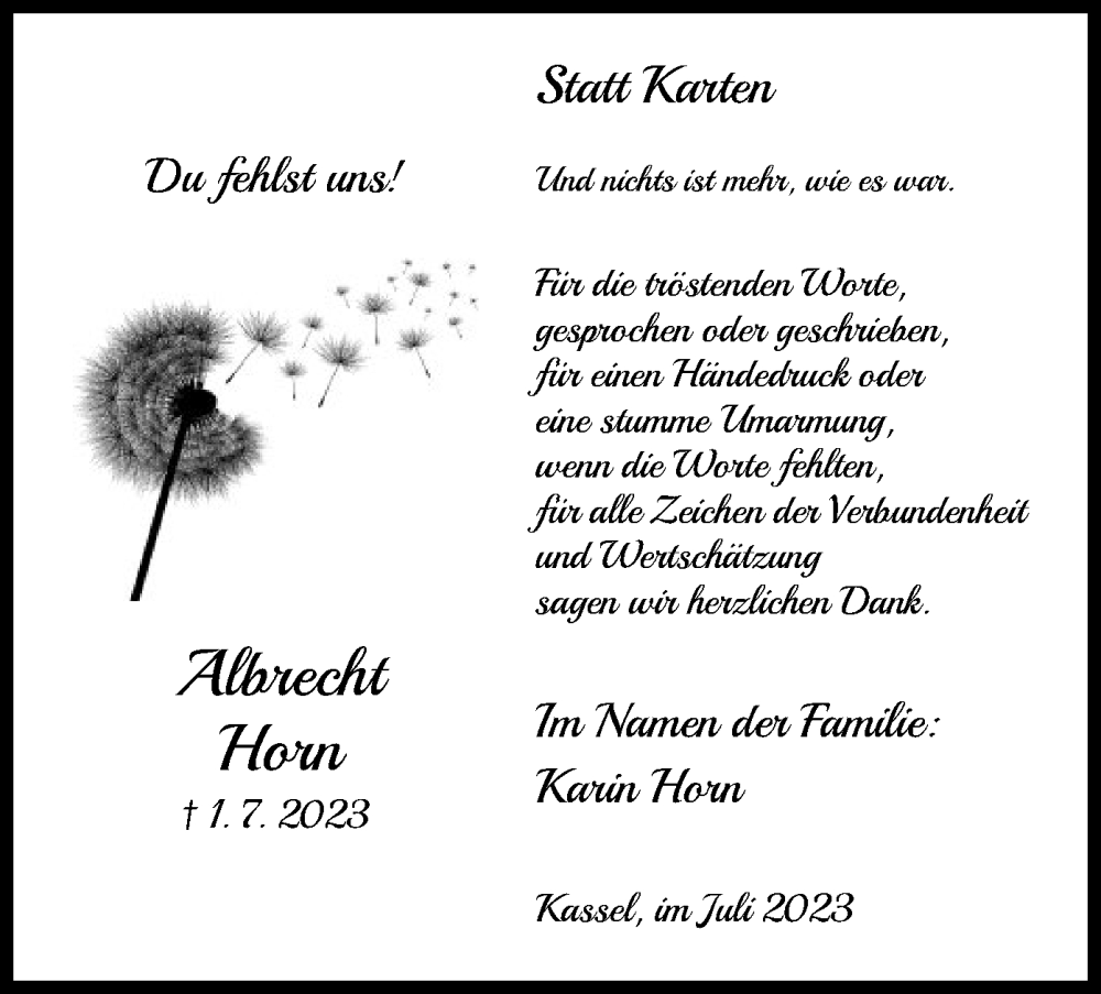  Traueranzeige für Albrecht Horn vom 29.07.2023 aus HNA