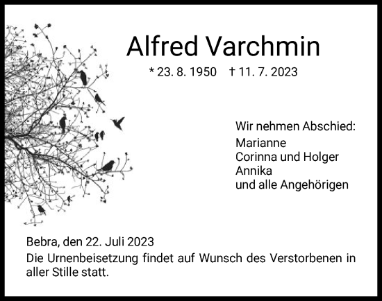 Traueranzeige von Alfred Varchmin von HNA