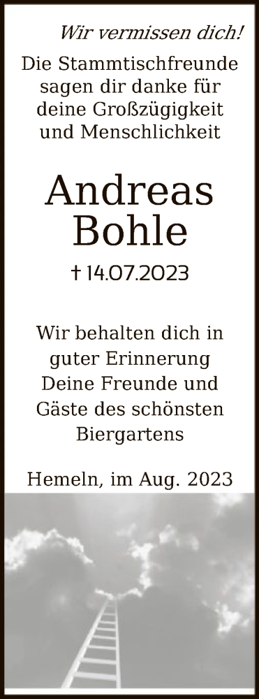 Traueranzeige für Andreas Bohle vom 22.07.2023 aus HNA