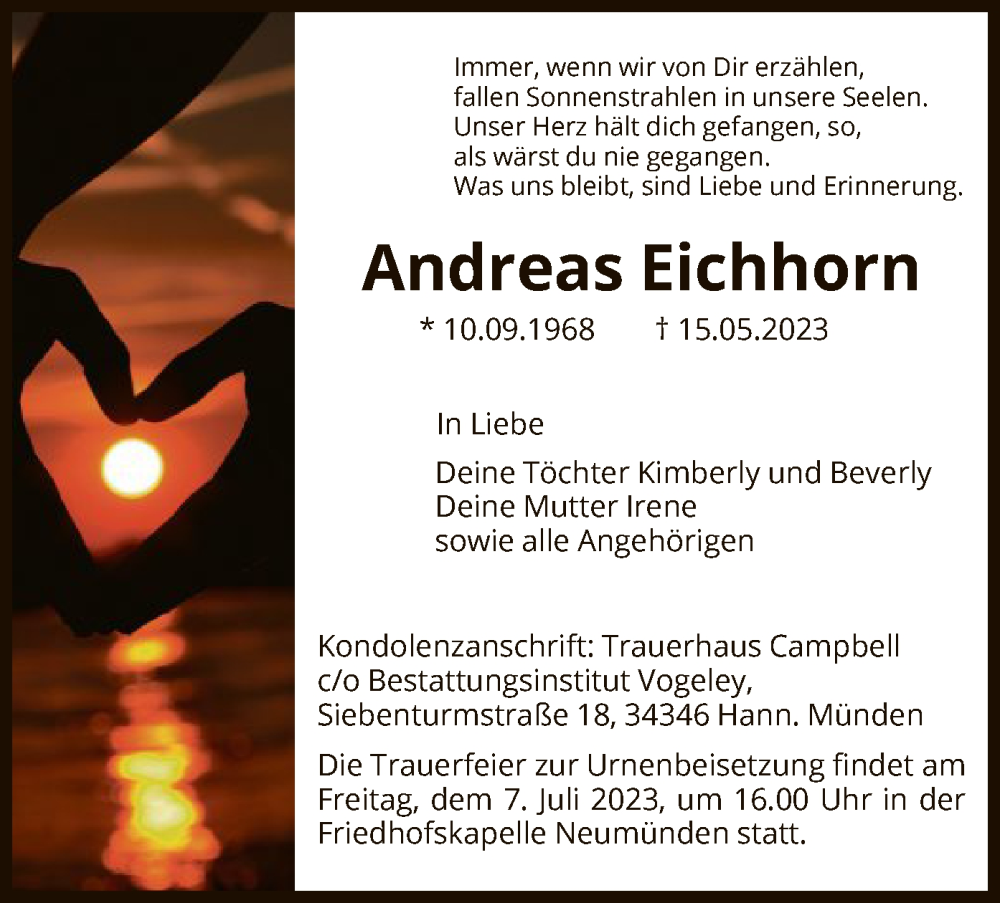  Traueranzeige für Andreas Eichhorn vom 01.07.2023 aus HNA