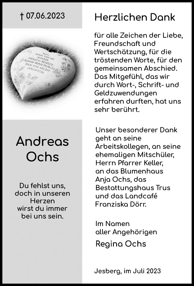  Traueranzeige für Andreas Ochs vom 01.07.2023 aus HNA