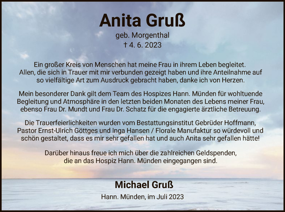  Traueranzeige für Anita Gruß vom 29.07.2023 aus HNA