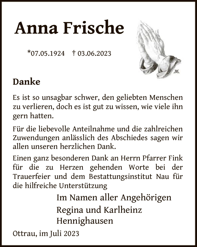 Traueranzeige für Anna Frische vom 08.07.2023 aus HNA
