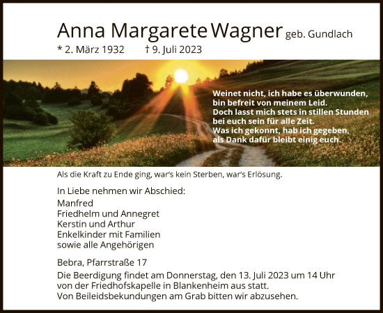 Traueranzeige von Anna Margarete Wagner von HNA