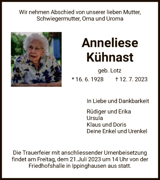 Traueranzeige von Anneliese Kühnast von HNA