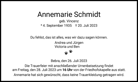 Traueranzeige von Annemarie Schmidt von HNA