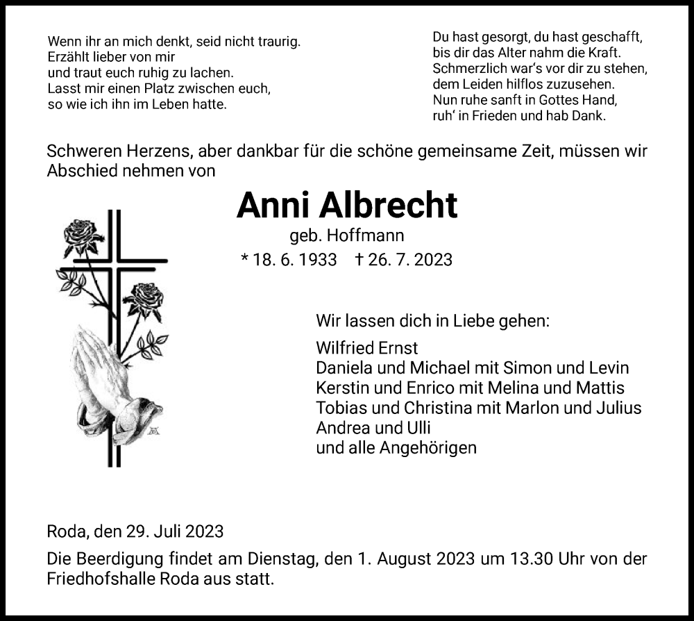  Traueranzeige für Anni Albrecht vom 29.07.2023 aus HNA