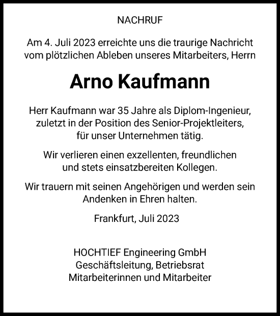 Traueranzeige von Arno Kaufmann von HNA