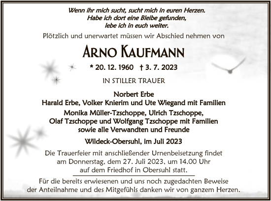 Traueranzeige von Arno Kaufmann von HNA