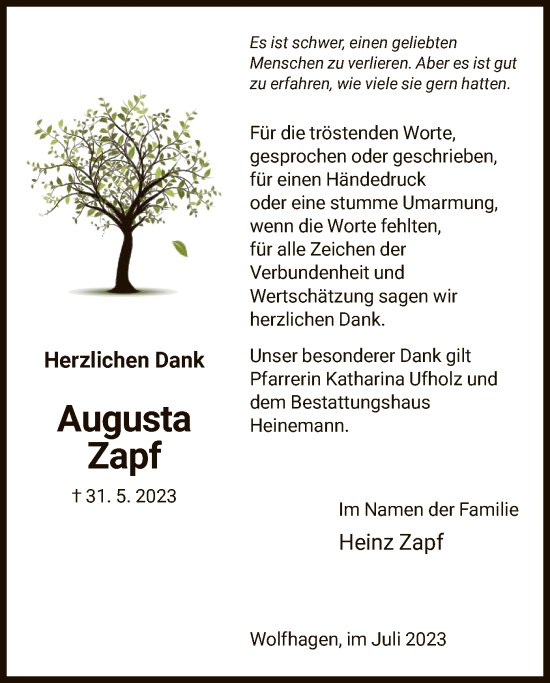 Traueranzeige von Augusta Zapf von HNA