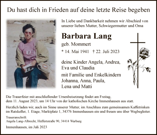 Traueranzeige von Barbara Lang von HNA