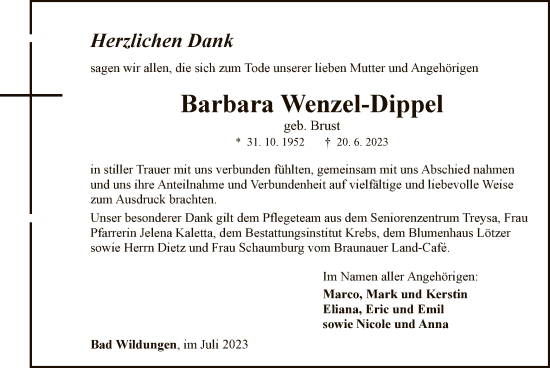 Traueranzeige von Barbara Wenzel-Dippel von HNA