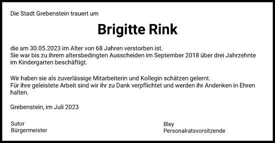 Traueranzeige von Brigitte Rink von HNA