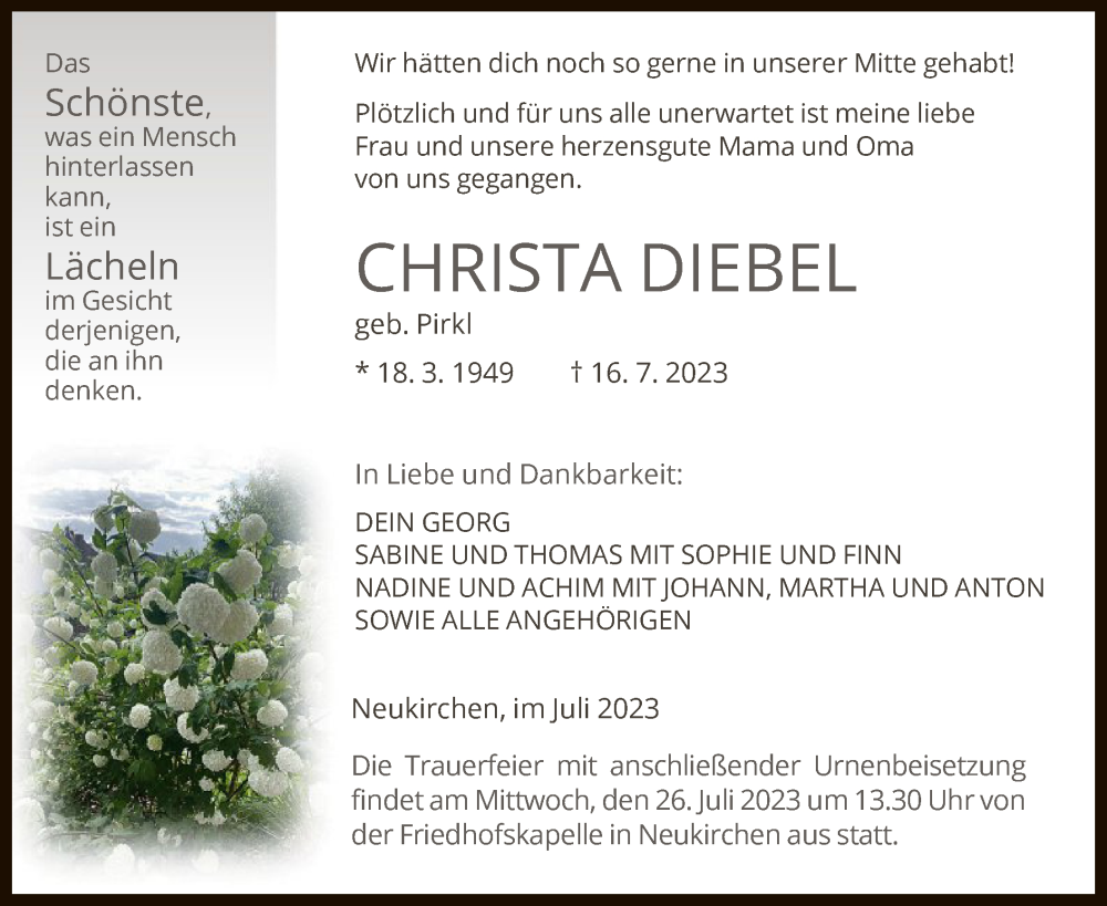  Traueranzeige für Christa Diebel vom 22.07.2023 aus HNA