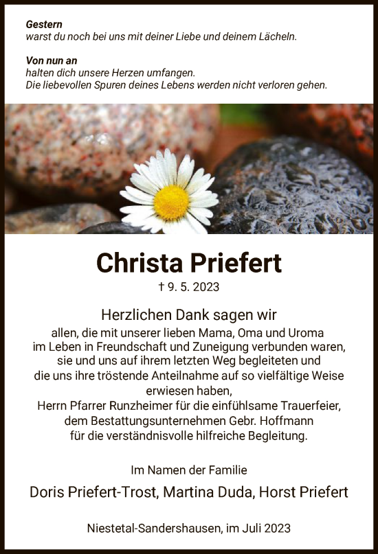 Traueranzeige von Christa Priefert von HNA