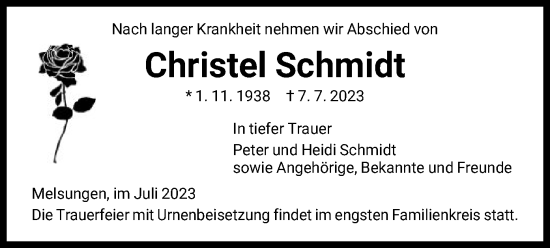 Traueranzeige von Christel Schmidt von HNA