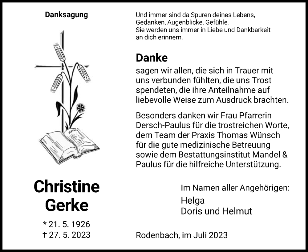  Traueranzeige für Christine Gerke vom 08.07.2023 aus HNA