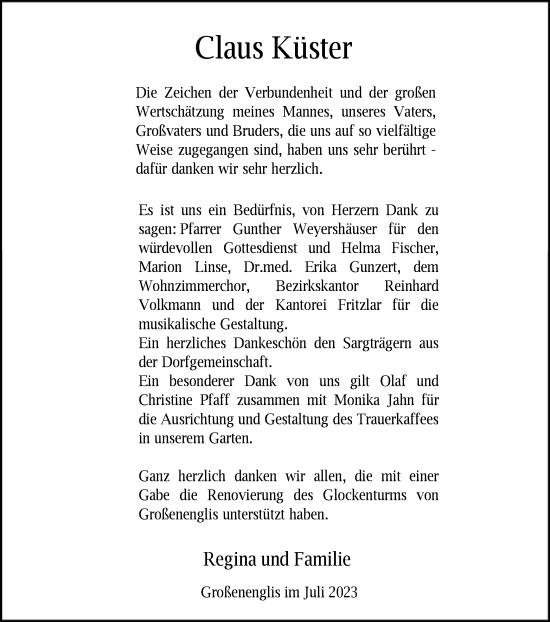 Traueranzeige von Claus Küster von HNA