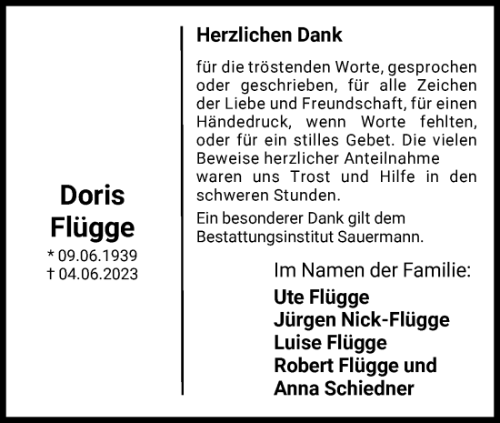 Traueranzeige von Doris Flügge von HNA