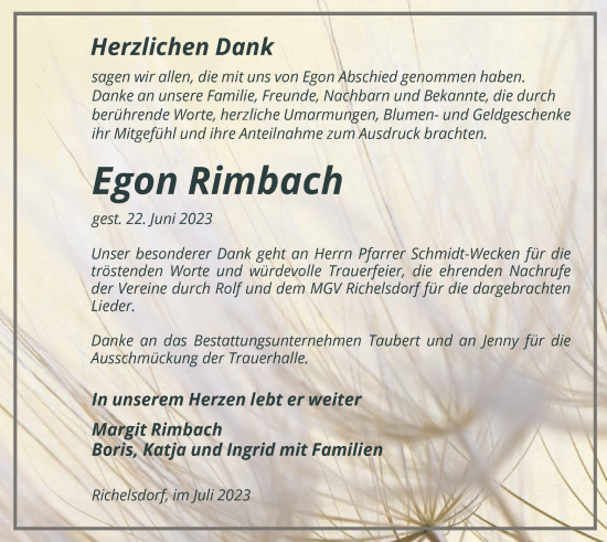 Traueranzeige von Egon Rimbach von HNA