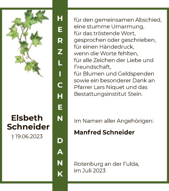 Traueranzeige von Elsbeth Schneider von HNA