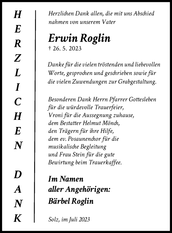 Traueranzeige von Erwin Roglin von HNA